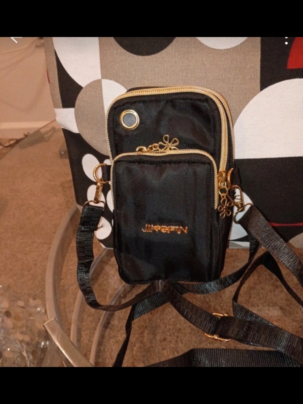 Black Crossbody Belt Bag with Gold Accents
